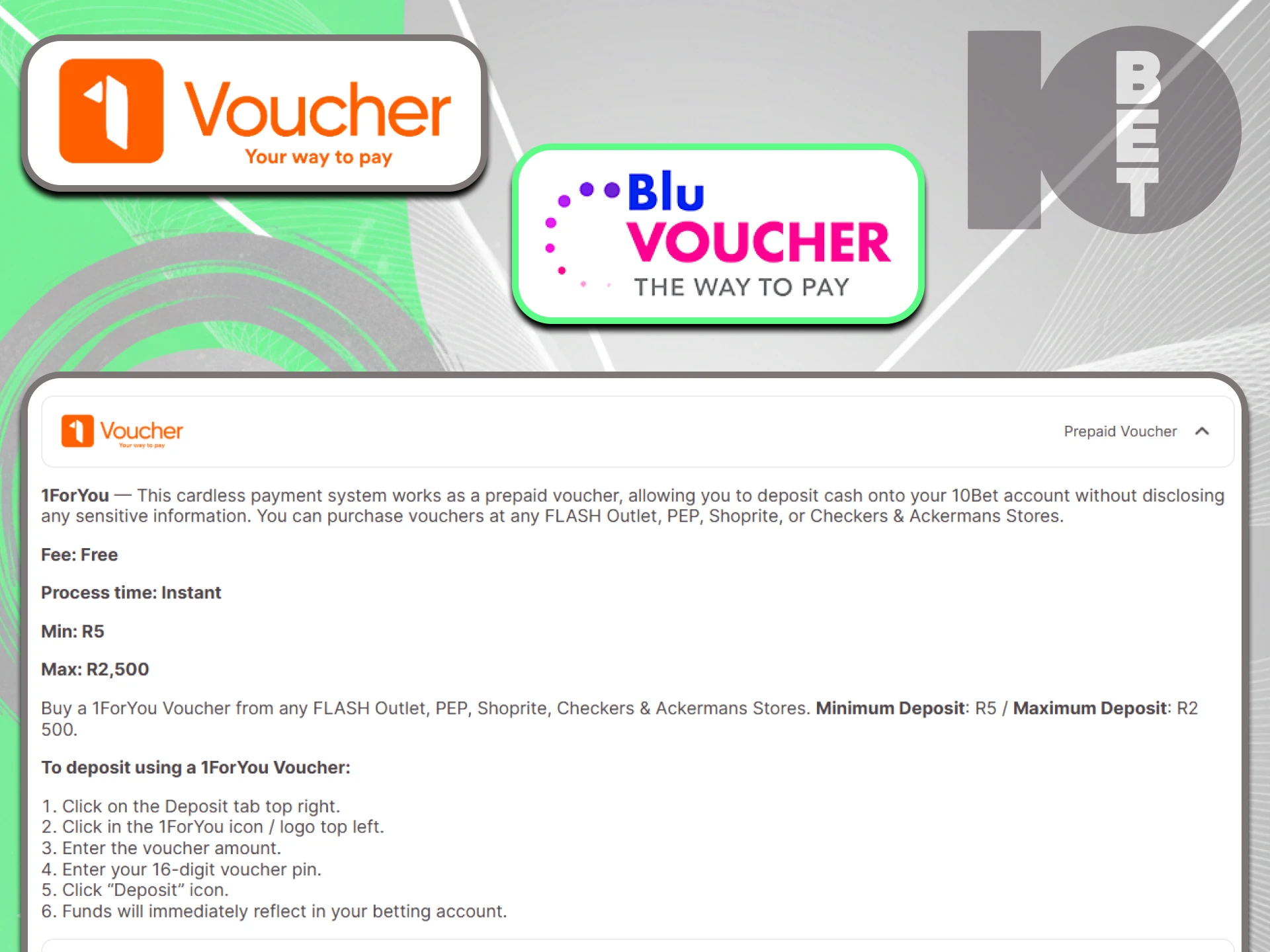 Convenient payment methods for everyone – that's what 10bet strives for and recommends you choose 1Voucher,Blue voucher.