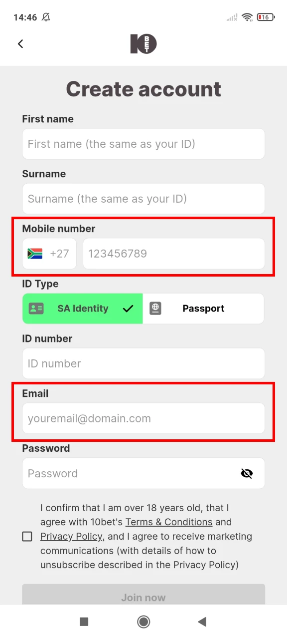 Contact information such as phone number and email are required in the 10bet registration window.