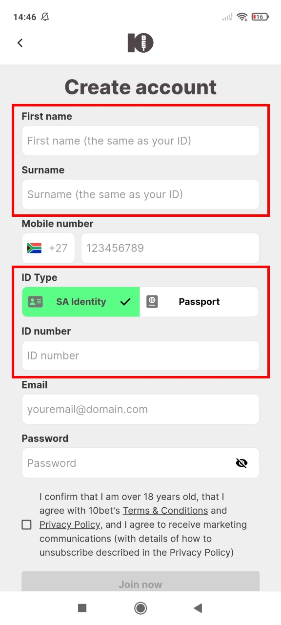 Personal information and documents must be provided when registering on 10bet.
