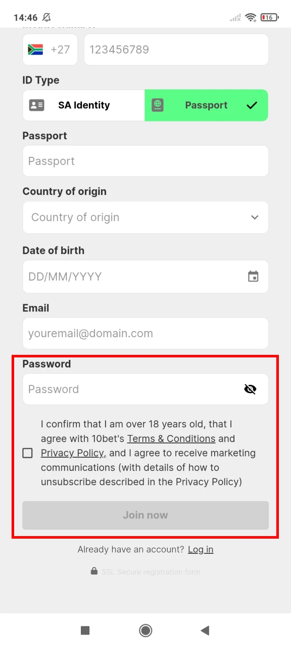 A strong password is one of the most important steps when registering at 10bet.