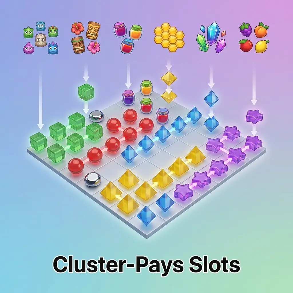 Cluster-pays slot grid showing matching symbols connected horizontally and vertically with cascading reels mechanic