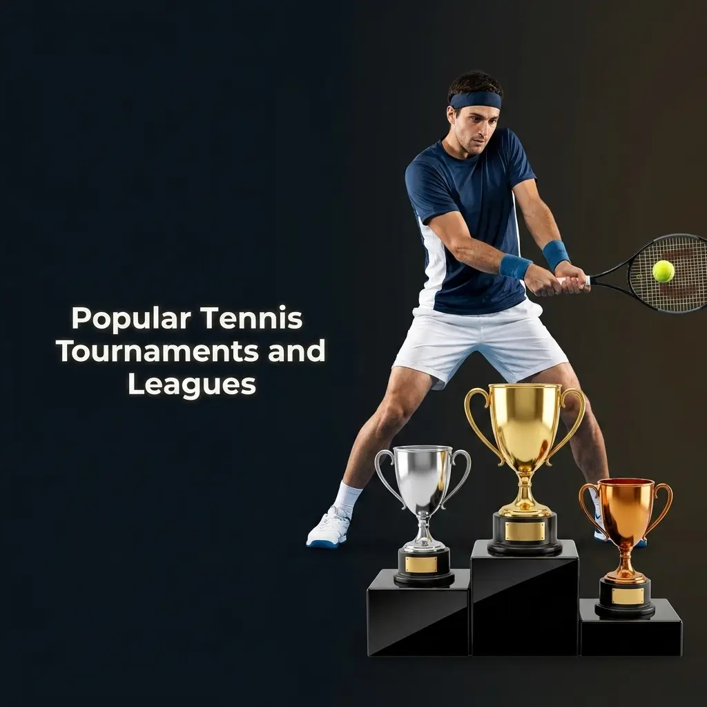 Tennis court with players competing at major Grand Slam tournaments including Wimbledon, Australian Open, French Open and US Open