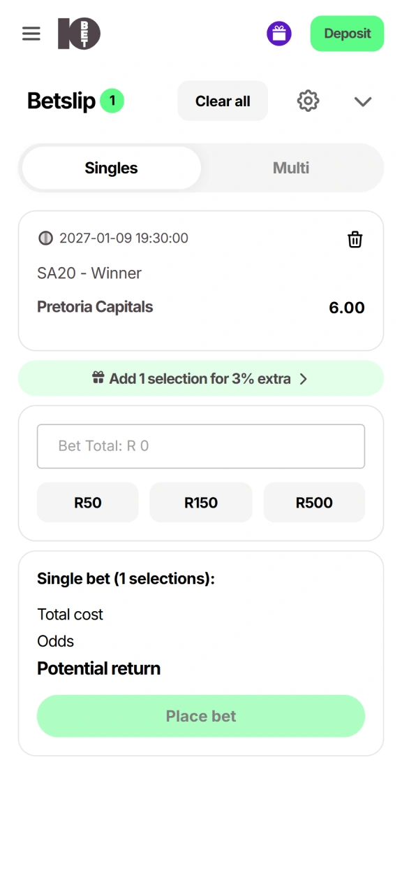 Finalize your selection ticket completing how to place wagers on 10bet Cricket.