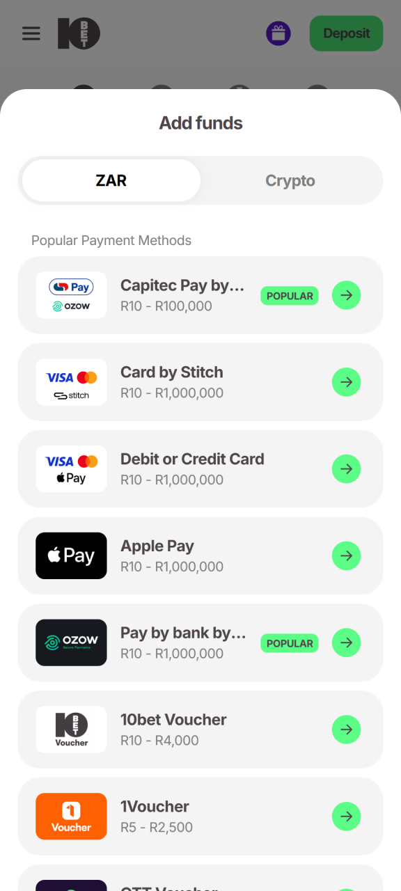 Top up your profile wallet balance showing how to bet on 10bet Cricket.