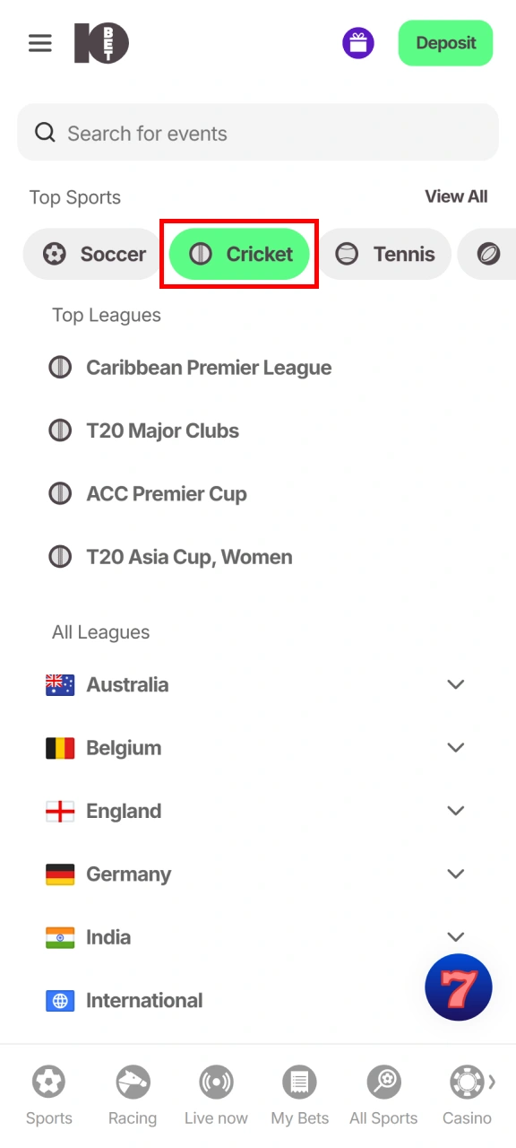 Navigate to active sports match lines showing how to bet on 10bet Cricket.