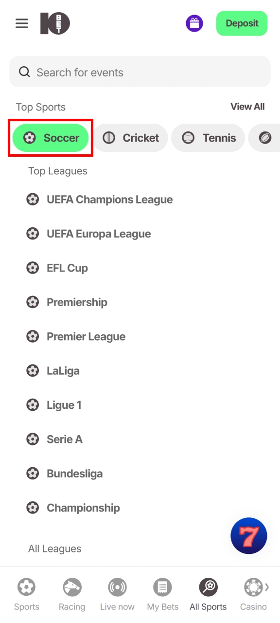 Select your target match fixture when learning how to bet on 10bet Football.