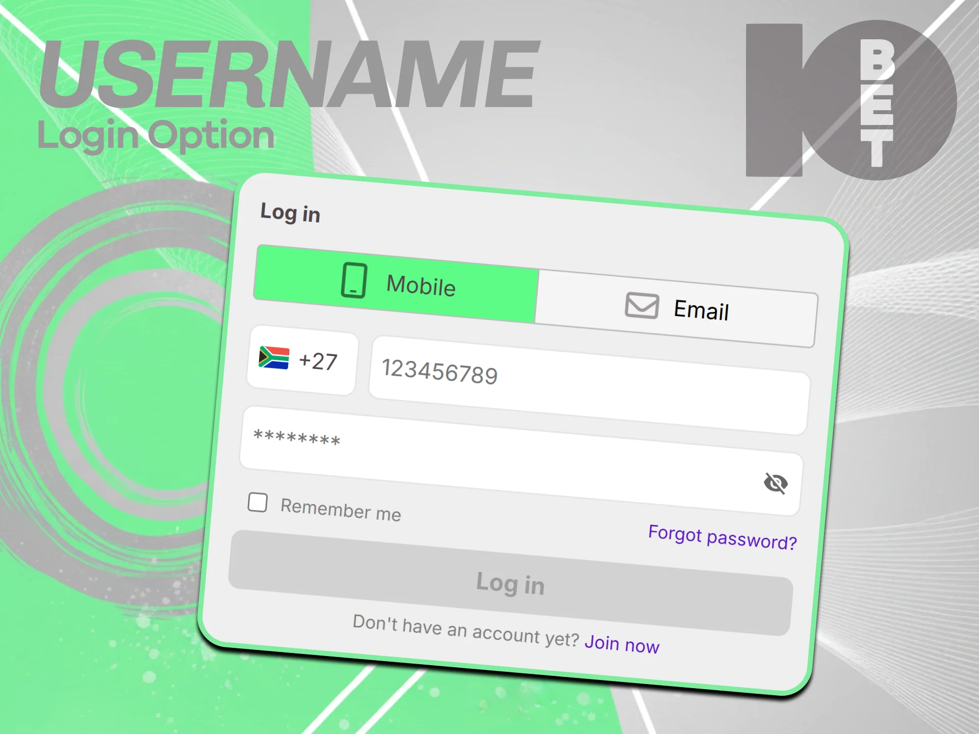 Type your private player account username completing your official 10bet Login.