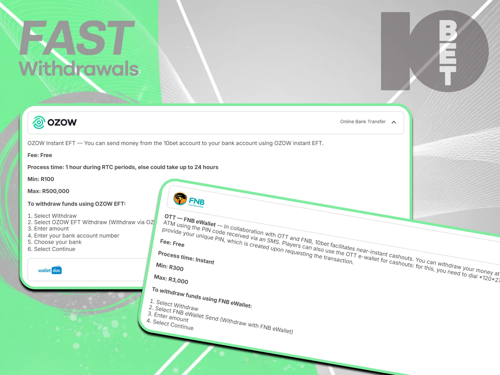 Request fast cashouts via FNB eWallet on the 10bet site.
