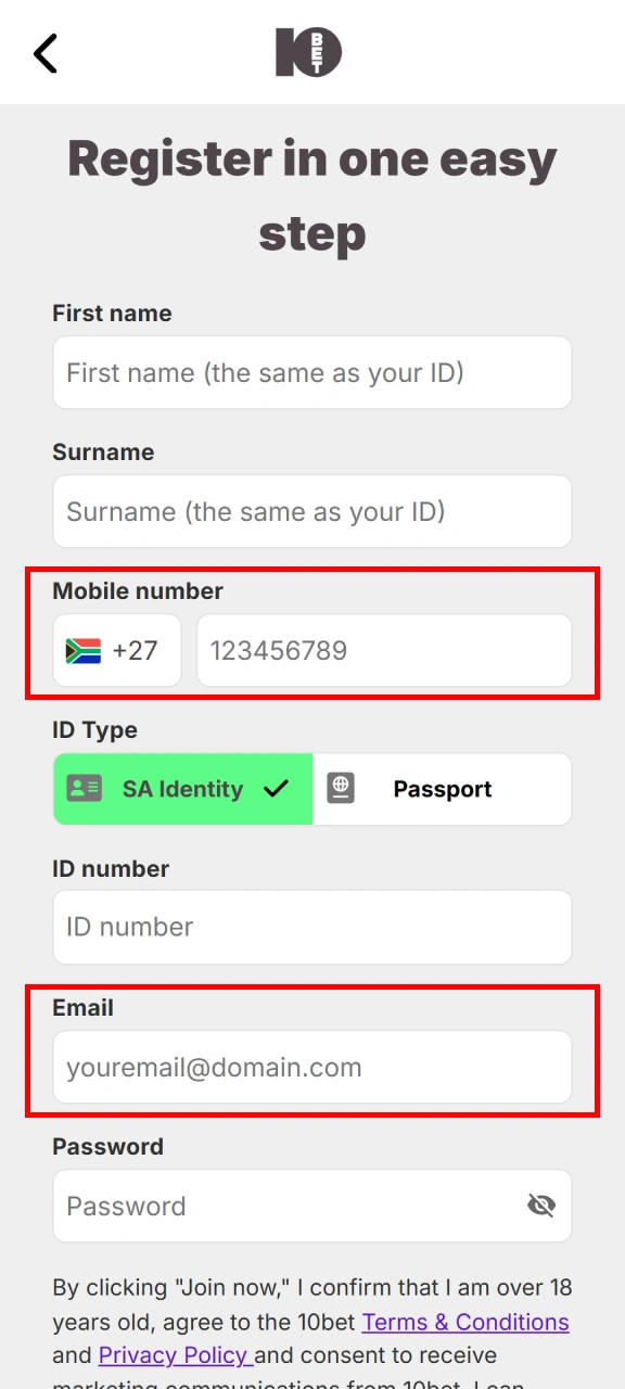Type mandatory user address details showing how to complete 10bet Registration.