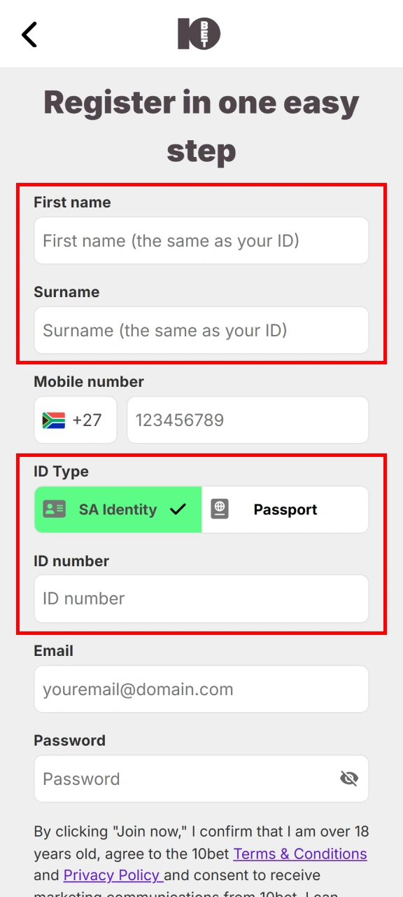 Submit valid South African identity details during your official 10bet Registration.