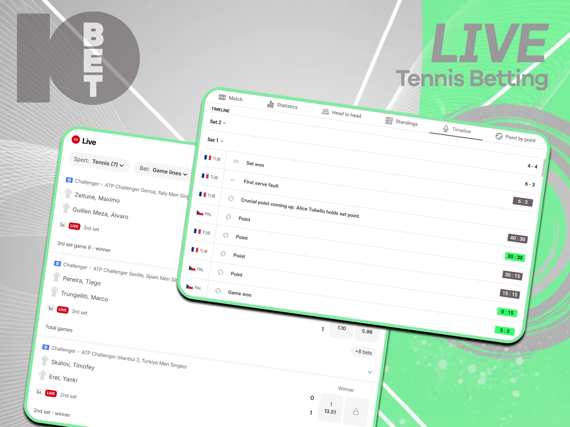 Place real-time in-play match wagers directly on active online 10bet Tennis.