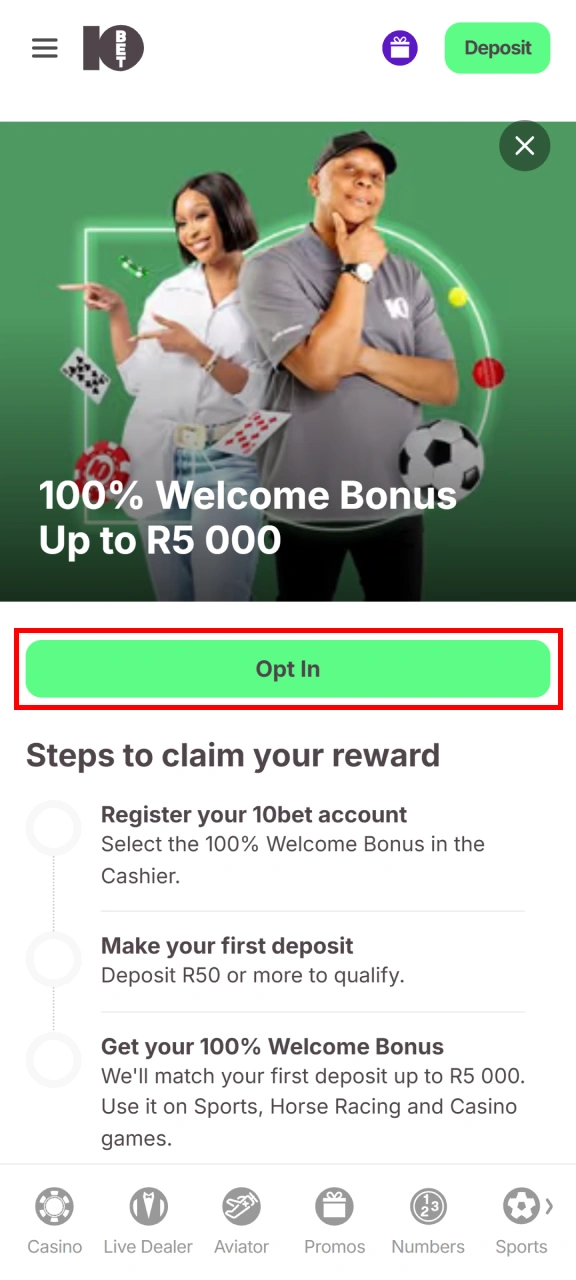 Activate promotional deposit match rewards when learning how to bet on 10bet Tennis.