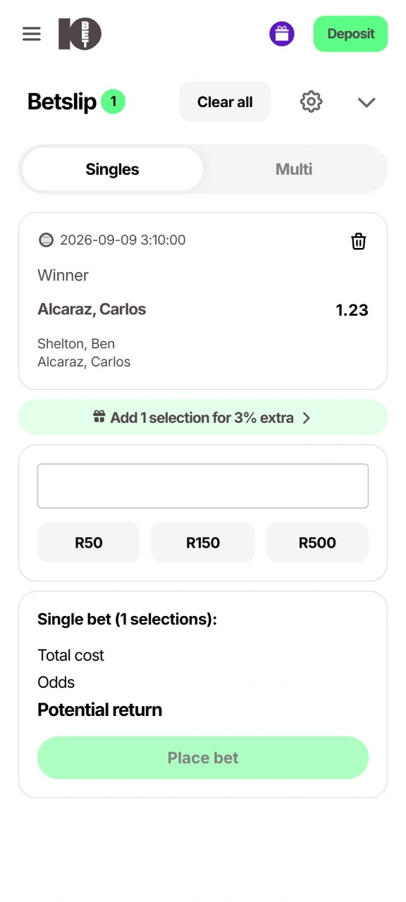 Finalize your selection ticket completing how to place wagers on 10bet Tennis.